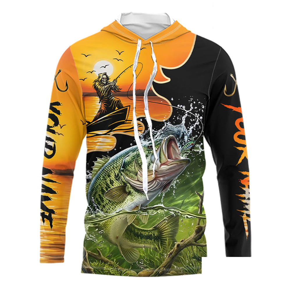 Personalized Fish Reaper Sunset Design Largemouth Bass Long Sleeve Hooded Shirts NBT673