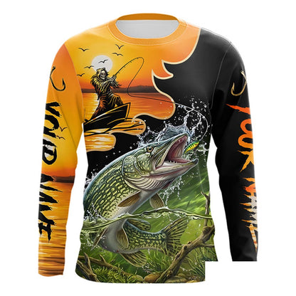 Personalized Fish Reaper Sunset Design Northern Pike Fishing Shirts Long Sleeve NBT675