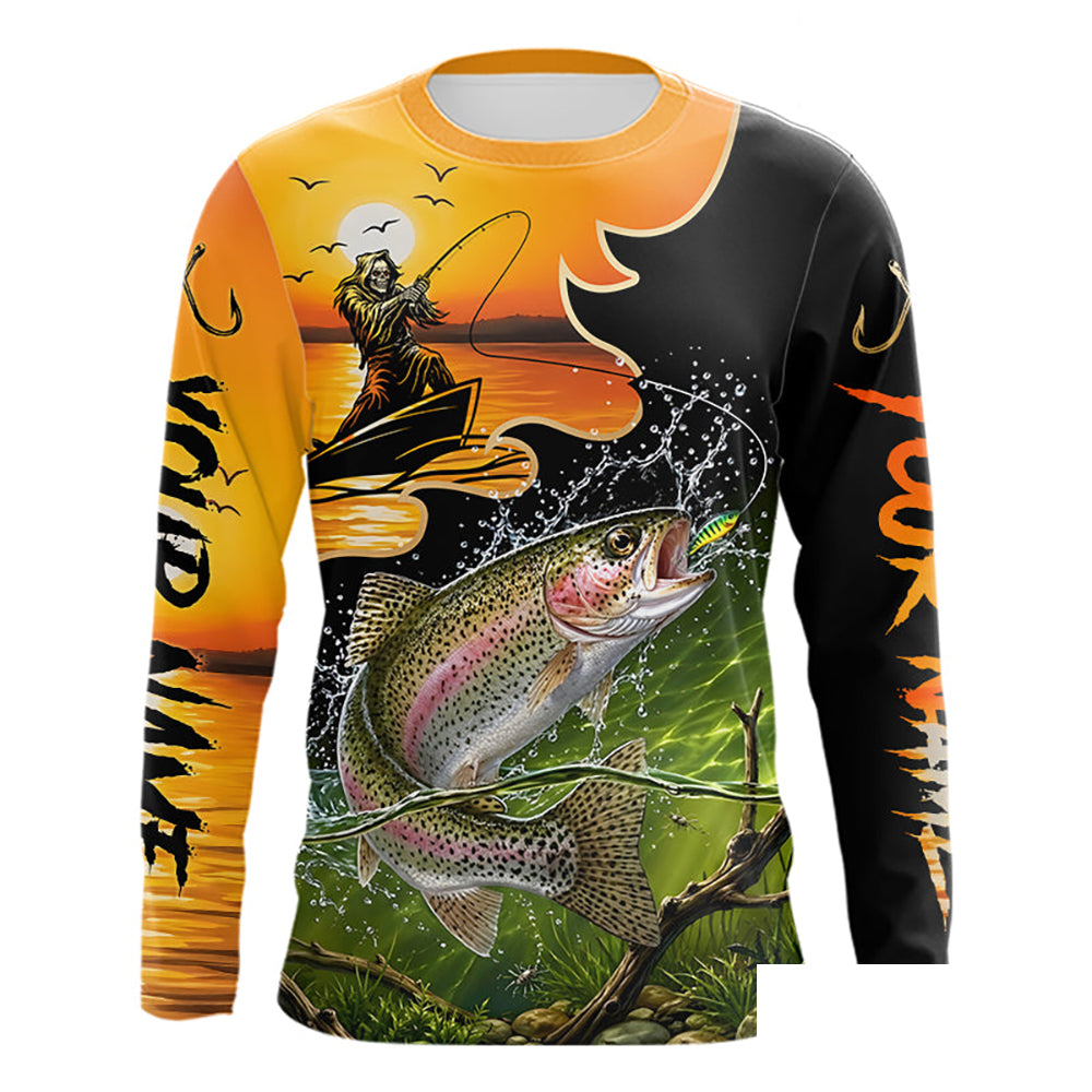 Personalized Fish Reaper Sunset Design Rainbow Trout Fishing Shirts Long Sleeve NBT676