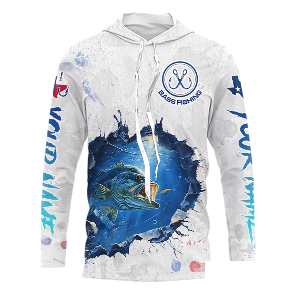 Custom Bass Fishing Tournament Long Sleeve Hooded Shirts, Largemouth Bass Fishing Apparel | White NBT680