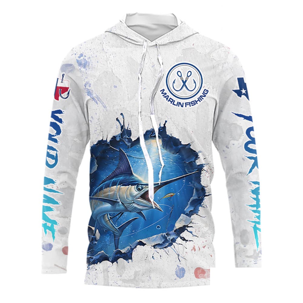 Custom Marlin Fishing Tournament Long Sleeve Hooded Shirts, Marlin Saltwater Fishing Apparel | White NBT681