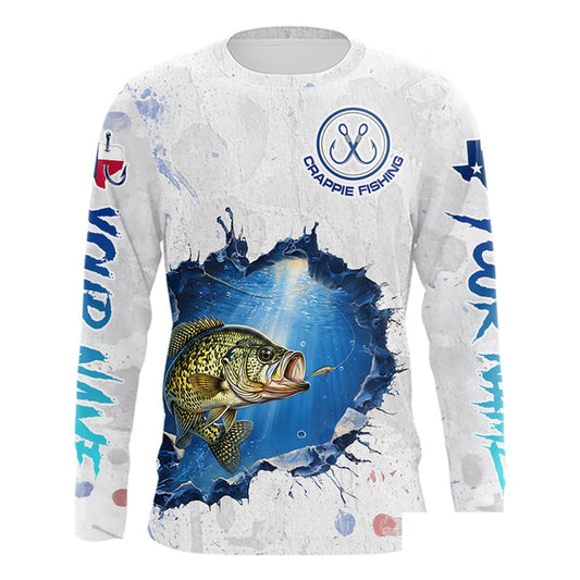 Custom Crappie Fishing Long Sleeve Tournament Shirts, Crappie Fishing Apparel | White NBT682