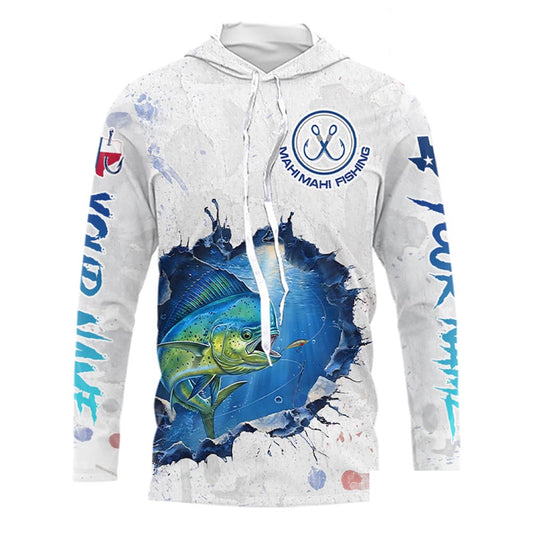 Custom Mahi Mahi Fishing Tournament Long Sleeve Hooded Shirts, Mahi Mahi Saltwater Fishing Apparel | White NBT683