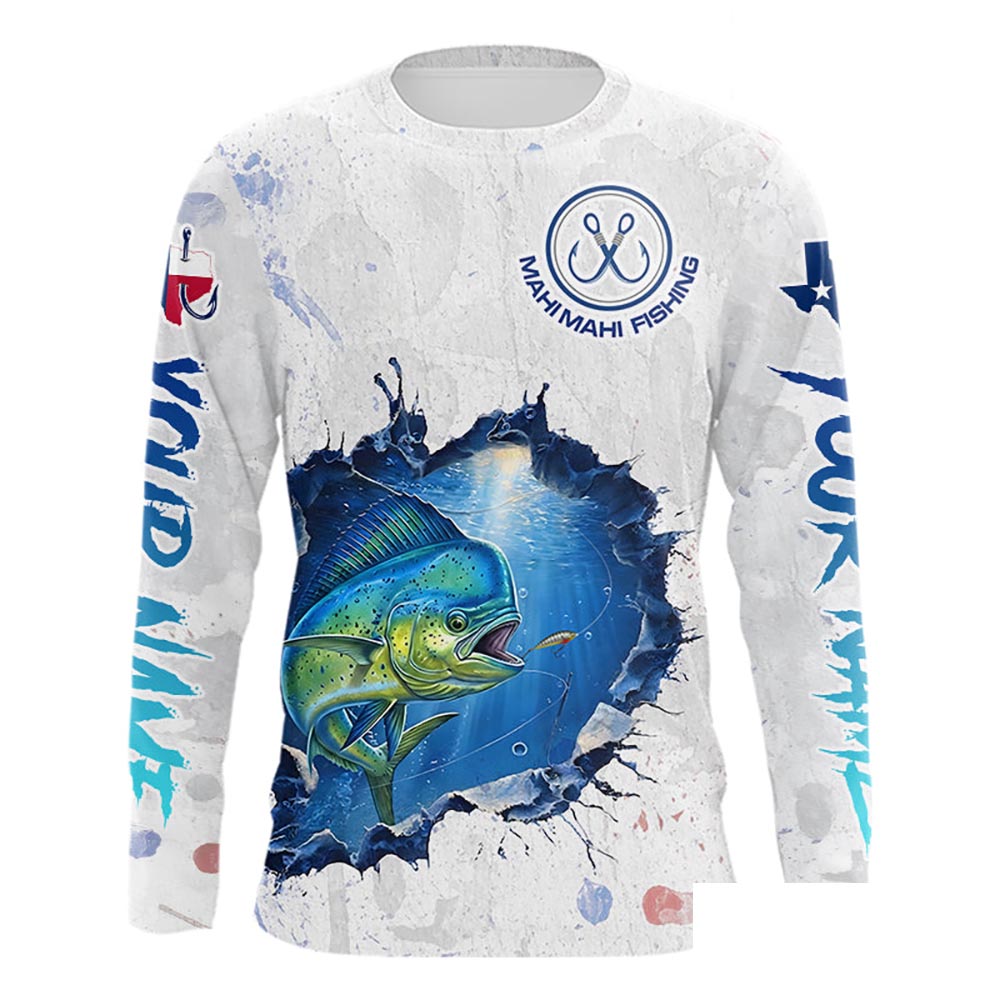 Custom Mahi Mahi Fishing Long Sleeve Tournament Shirts, Mahi Mahi Saltwater Fishing Apparel | White NBT683