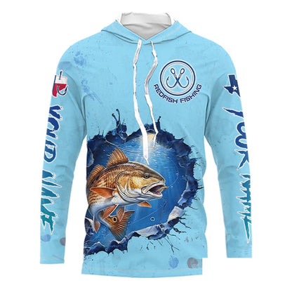 Custom Redfish Fishing Tournament Long Sleeve Hooded Shirts, Redfish Saltwater Fishing Apparel | Blue NBT686