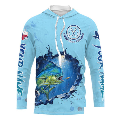 Custom Mahi Mahi Fishing Tournament Long Sleeve Hooded Shirts, Mahi Mahi Saltwater Fishing Apparel | Blue NBT687