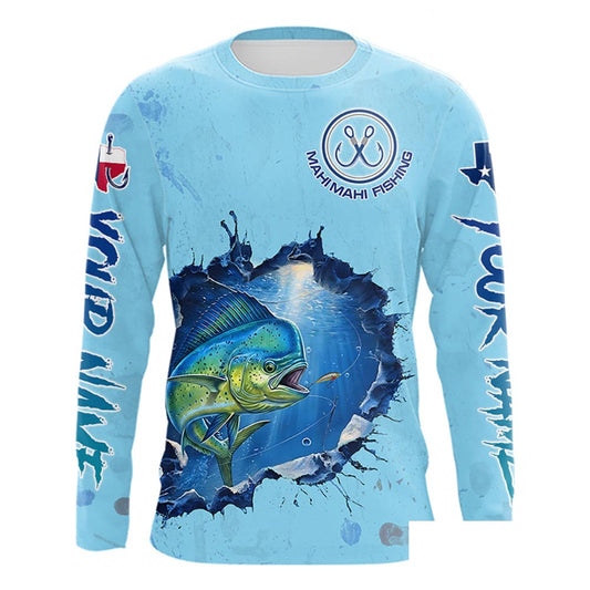 Custom Mahi Mahi Fishing Long Sleeve Tournament Shirts, Mahi Mahi Saltwater Fishing Apparel | Blue NBT687