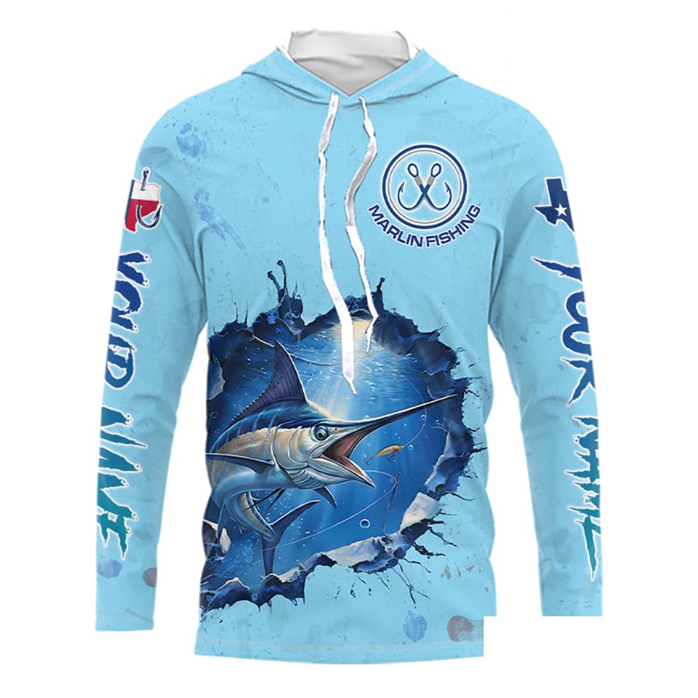 Custom Marlin Fishing Tournament Long Sleeve Hooded Shirts, Marlin Saltwater Fishing Apparel | Blue NBT688