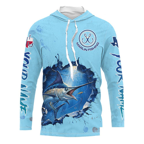 Custom Marlin Fishing Tournament Long Sleeve Hooded Shirts, Marlin Saltwater Fishing Apparel | Blue NBT688