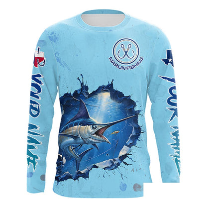 Custom Marlin Fishing Long Sleeve Tournament Shirts, Marlin Saltwater Fishing Apparel | Blue NBT688