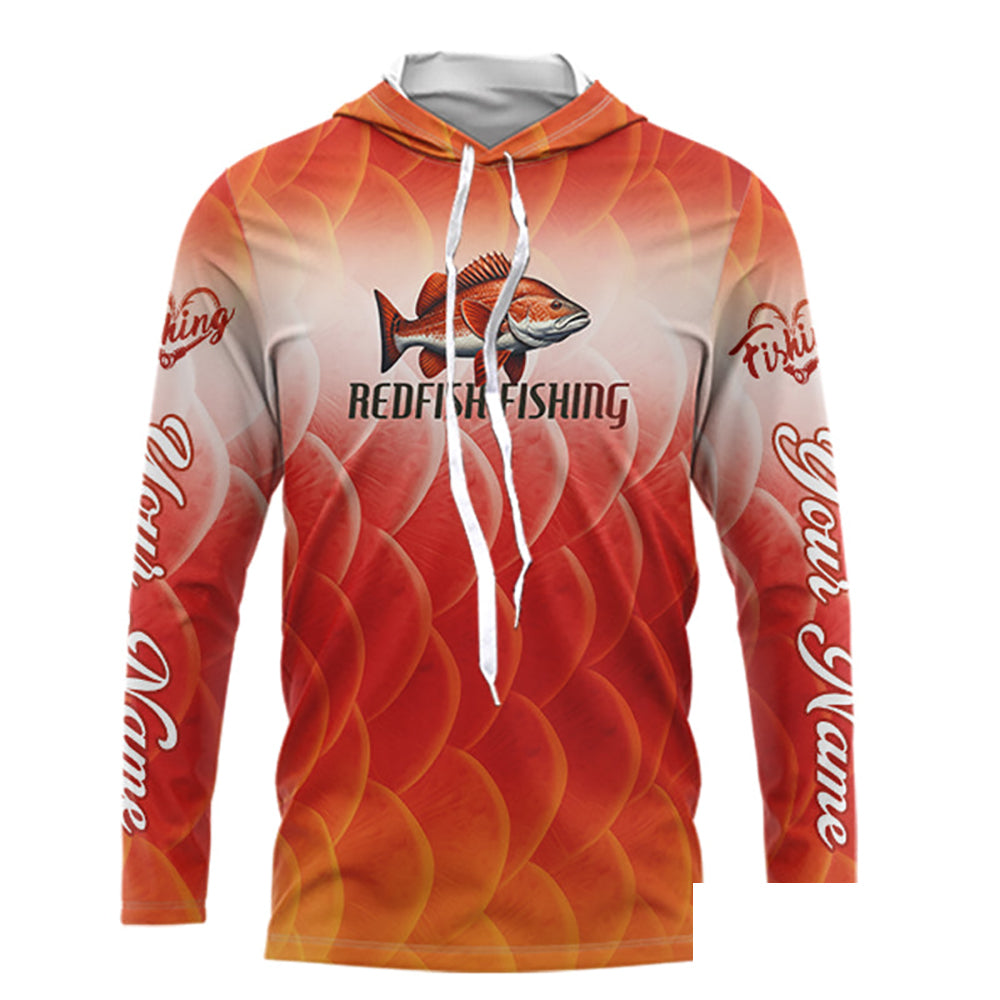 Custom Redfish Long Sleeve Hooded Fishing Shirts Fish Scale Red, Redfish Fly Fishing Performance Shirt NBT376