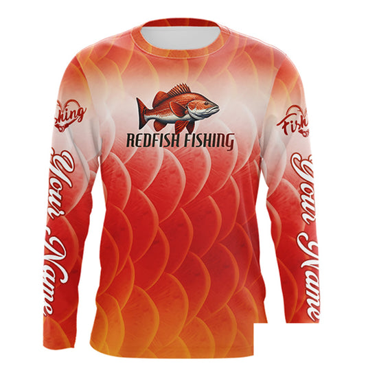 Custom Redfish Long Sleeve Fishing Shirts Fish Scale Red, Redfish Fly Fishing Performance Shirt NBT376