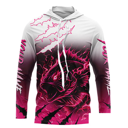 Largemouth Bass Long Sleeve Hooded Fishing Shirts Pink Angry Fish, Bass Fishing Shirts NBT387