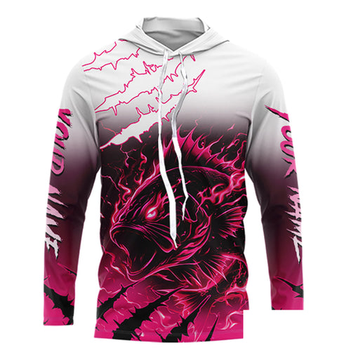 Largemouth Bass Long Sleeve Hooded Fishing Shirts Pink Angry Fish, Bass Fishing Shirts NBT387