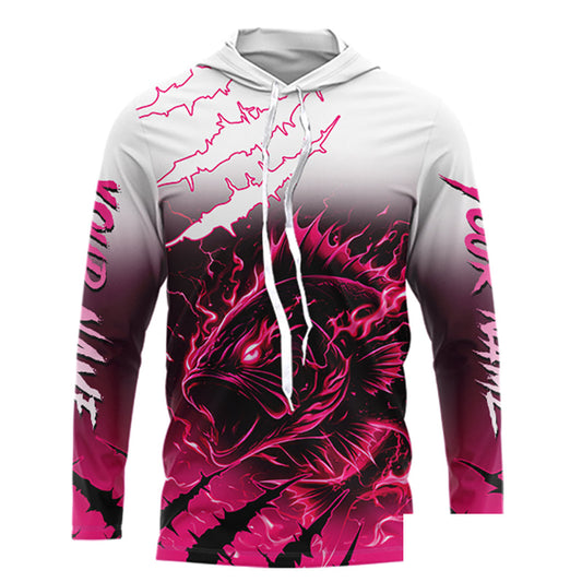 Largemouth Bass Long Sleeve Hooded Fishing Shirts Pink Angry Fish, Bass Fishing Shirts NBT387