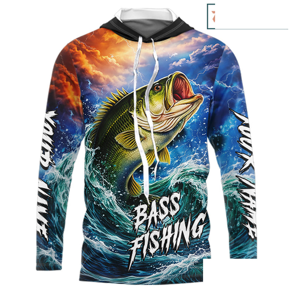 Personalized Bass Thunder And Lightening Long Sleeve Hooded Fishing Shirts,Custom Bass Fishing Jerseys NBT378