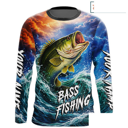 Personalized Bass Thunder And Lightening Long Sleeve Fishing Shirts,Custom Bass Fishing Jerseys NBT378