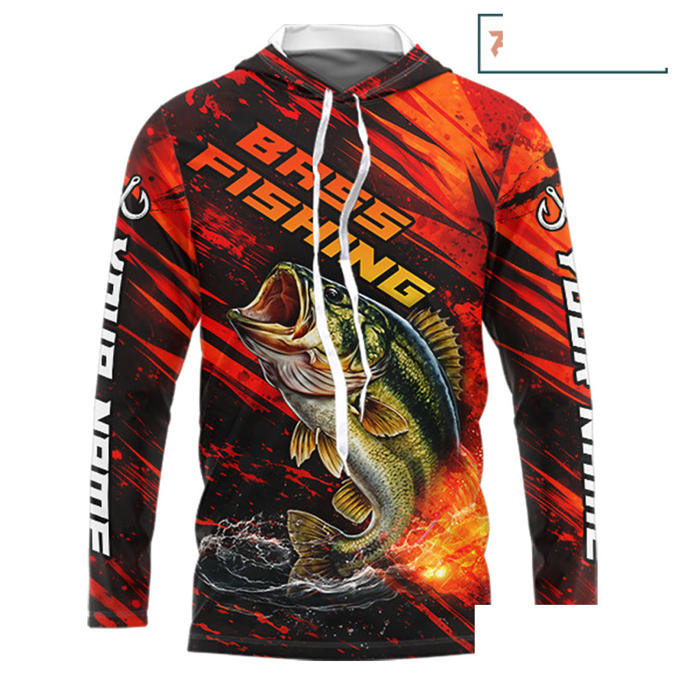 Personalized Fishing Bass Long Sleeve Hooded Fishing Shirts Orange Custom Nam, Fishing Shirts For Men NBT382