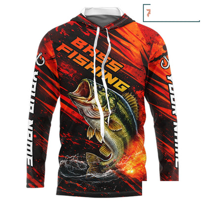 Personalized Fishing Bass Long Sleeve Hooded Fishing Shirts Orange Custom Nam, Fishing Shirts For Men NBT382