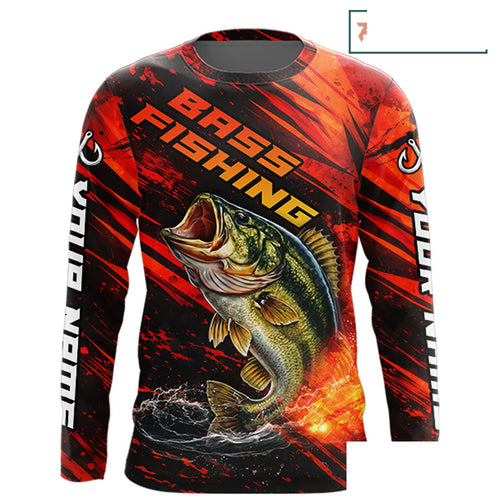 Personalized Fishing Bass Long Sleeve Fishing Shirts Orange Custom Name, Fishing Shirts For Men NBT382