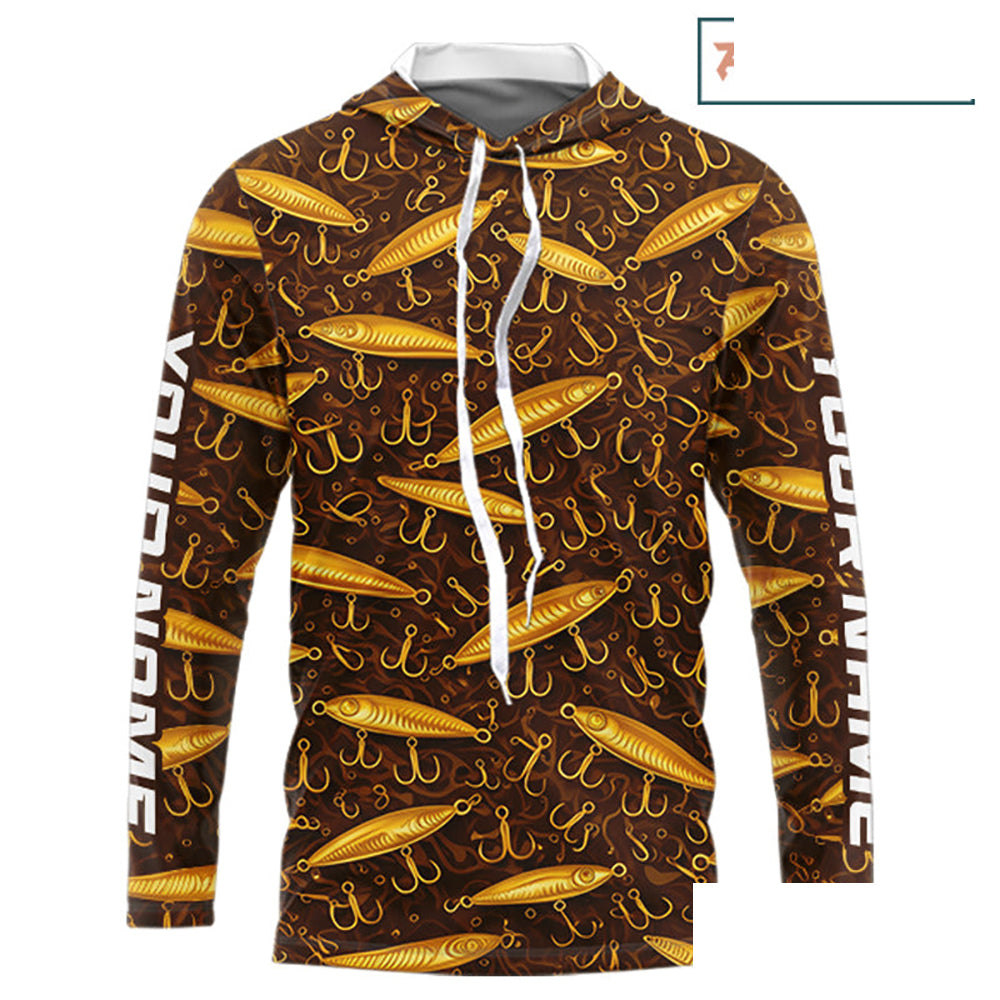 Custom Fishing Lure  Yellow Long Sleeve Hooded Fishing Shirts For Men Custom Name, Mens Fishing Outfit NBT388