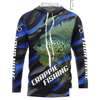 Custom Crappie Fishing Blue Camo Long Sleeve Hooded Fishing Shirts, Crappie Fishing Shirts  NBT390
