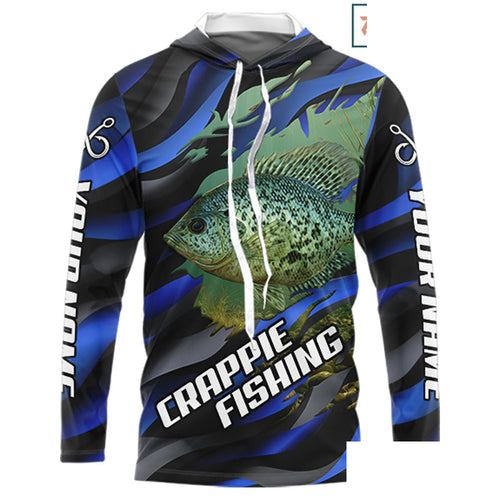 Custom Crappie Fishing Blue Camo Long Sleeve Hooded Fishing Shirts, Crappie Fishing Shirts  NBT390