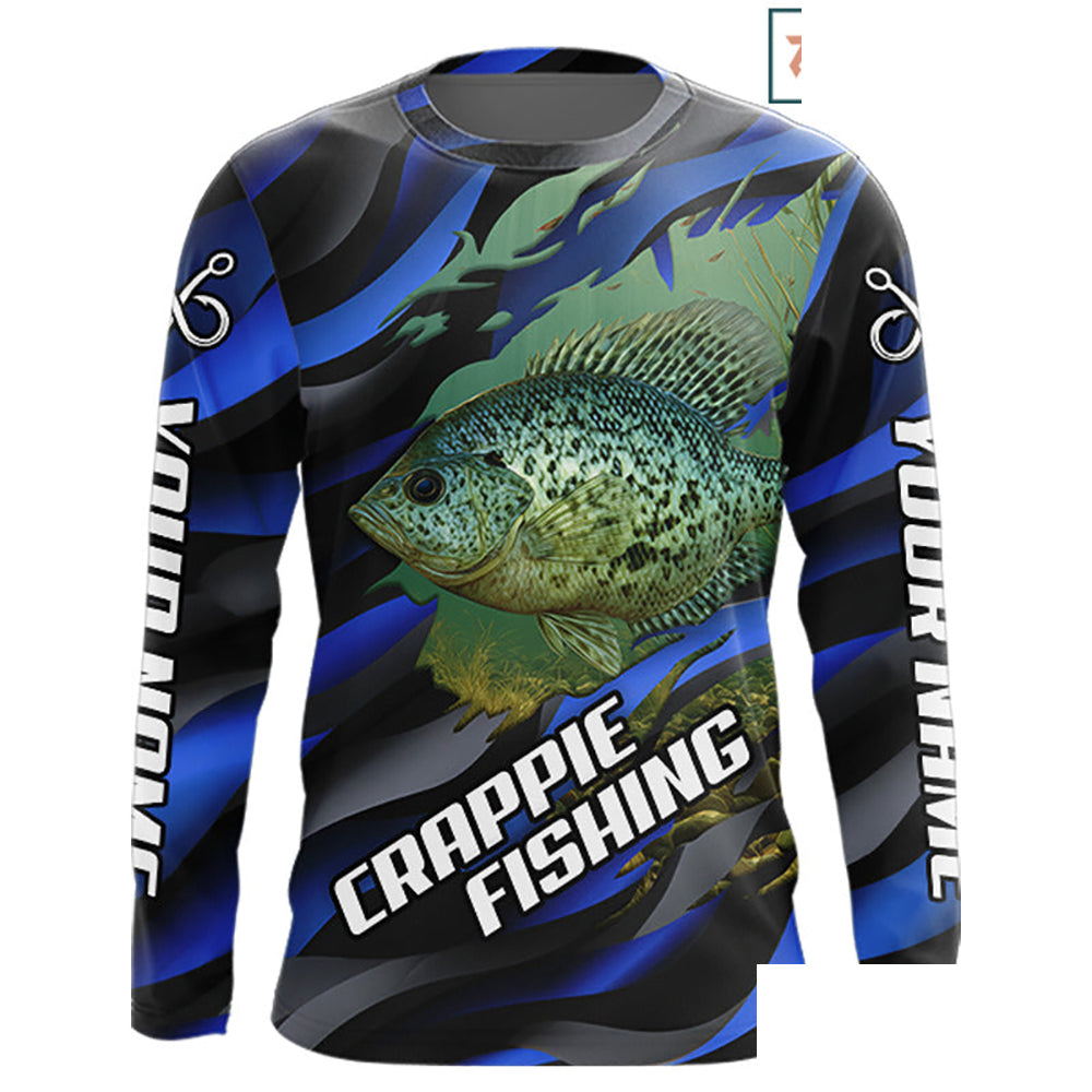 Custom Crappie Fishing Blue Camo Long Sleeve Fishing Shirts, Crappie Fishing Shirts NBT390