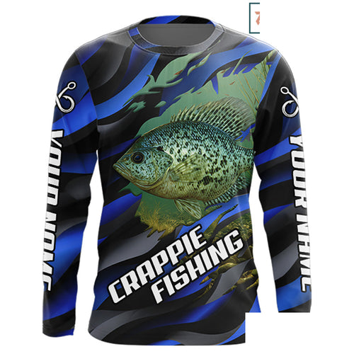 Custom Crappie Fishing Blue Camo Long Sleeve Fishing Shirts, Crappie Fishing Shirts NBT390