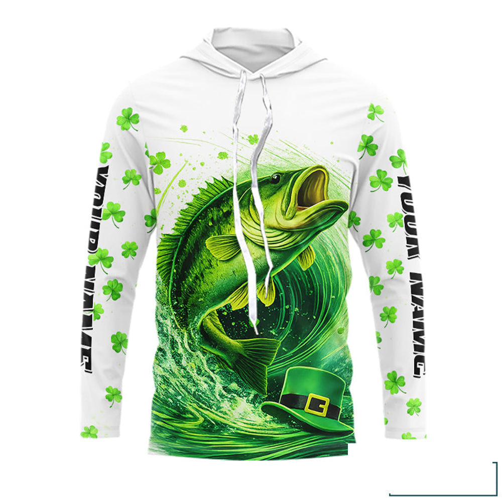 Personalized St Patrick's Day Shirts Largemouth Bass Fishing Long Sleeve Hooded, Custom Bass Fishing Jerseys NBT383