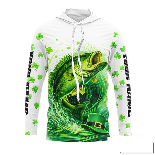 Personalized St Patrick's Day Shirts Largemouth Bass Fishing Long Sleeve Hooded, Custom Bass Fishing Jerseys NBT383