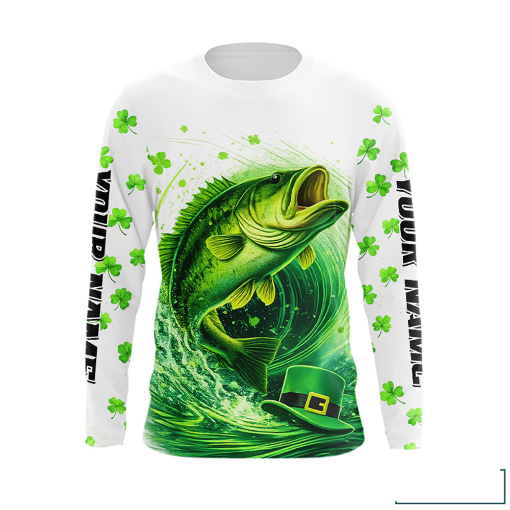 Personalized St Patrick's Day Shirts Largemouth Bass Fishing Long Sleeve, Custom Bass Fishing Jerseys NBT383