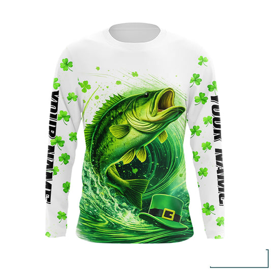 Personalized St Patrick's Day Shirts Largemouth Bass Fishing Long Sleeve, Custom Bass Fishing Jerseys NBT383