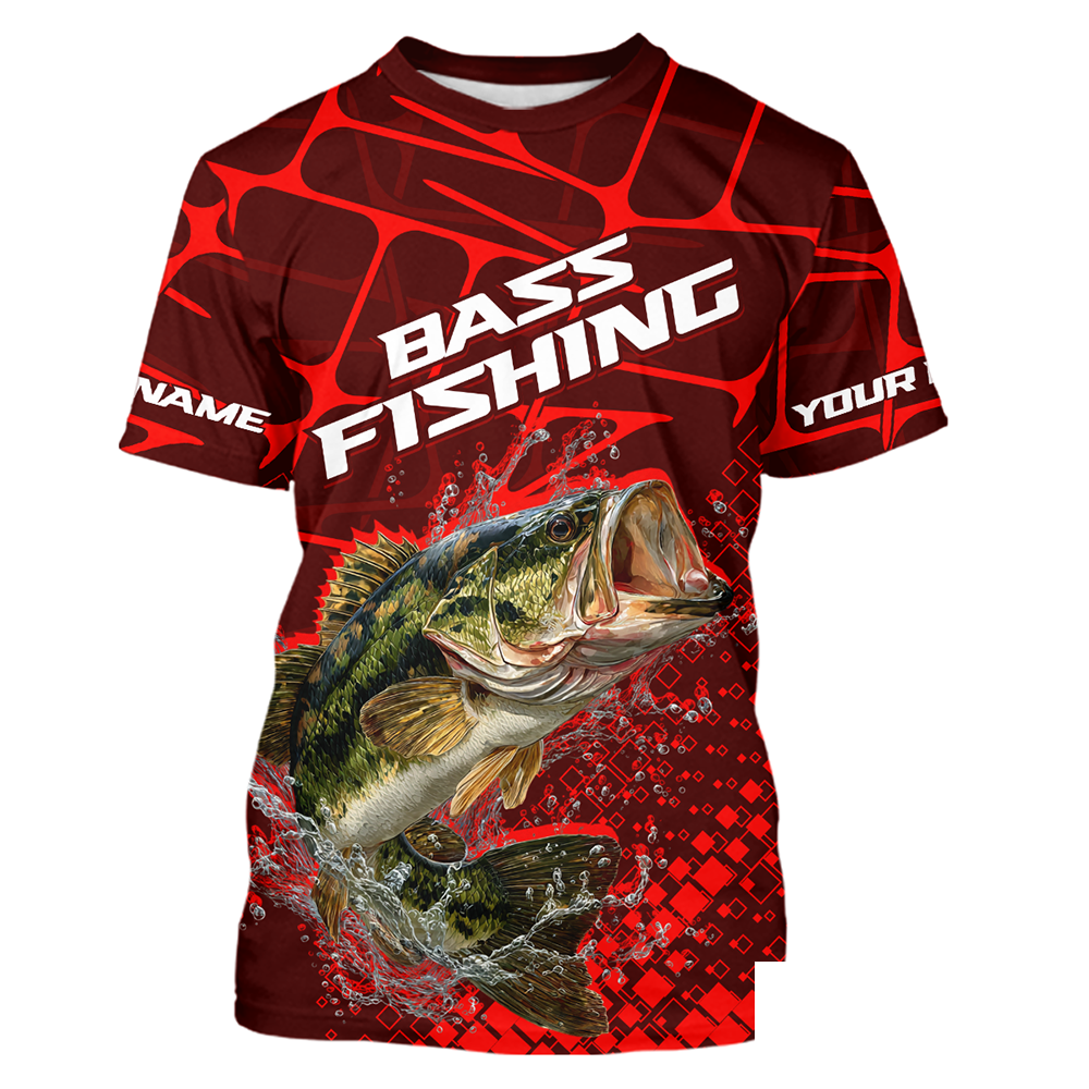 Largemouth Bass Fishing, Fishing Shirt Scale Custom Name Long Sleeves, Fishing Gift |Red NHT391