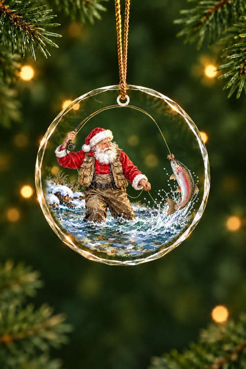 Santa's Cast on the Cold Stream Glass Ornament, Fishing Christmas Tree Keepsake