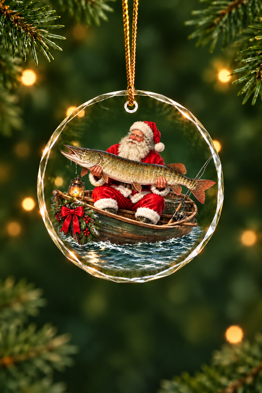 Santa's Trophy of the North Waters Glass Ornament, Fishing Christmas Tree Keepsake