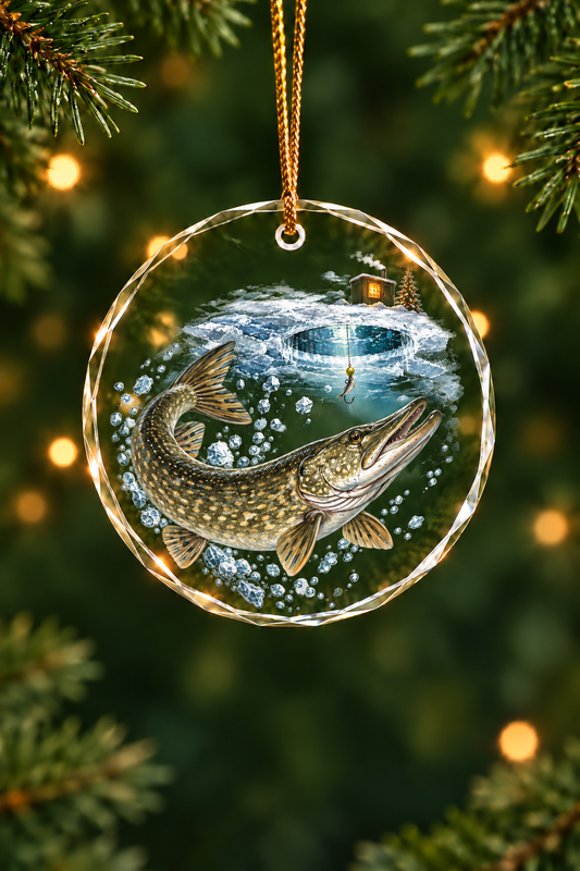 Pike Beneath the Silent Ice Glass Ornament, Angler Holiday Tree Decor