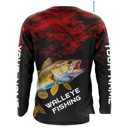 Personalized Walleye Long Sleeve Fishing Shirts Red Camo Custom Name Walleye Fishing Shirts NBT371