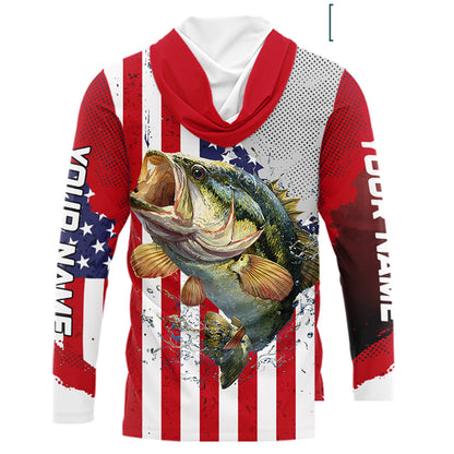Freedom 250 Bass Long Sleeve Hooded Fishing Shirts American Flag Fishing, Custom Bass Shirts With US Flag NBT374