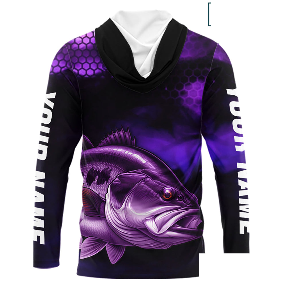 Purple Largemouth Bass Long Sleeve Hooded Fishing Shirts, Custom Big Bass Fishing Jerseys NBT379