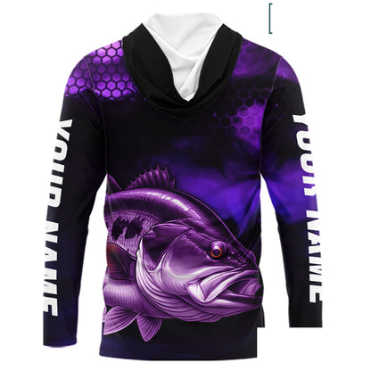 Purple Largemouth Bass Long Sleeve Hooded Fishing Shirts, Custom Big Bass Fishing Jerseys NBT379