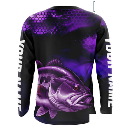 Purple Largemouth Bass Long Sleeve Fishing Shirts, Custom Big Bass Fishing Jerseys NBT379