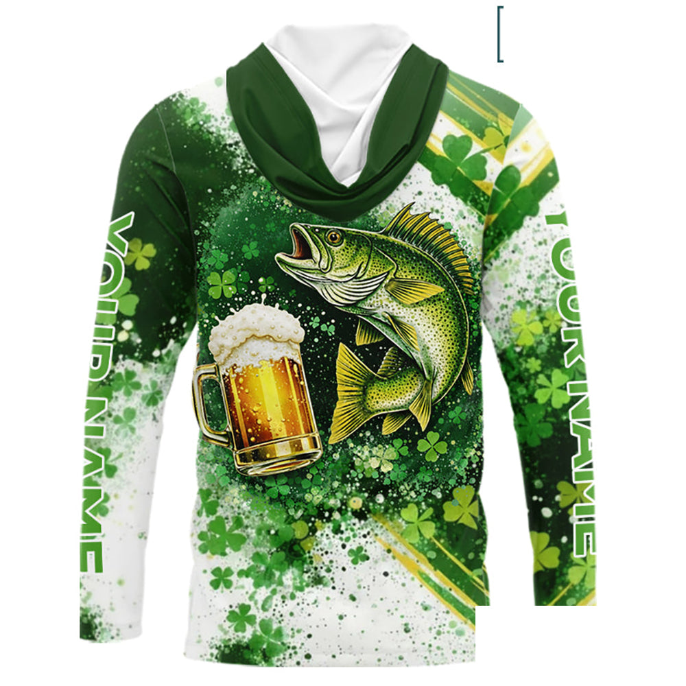 St Patrick Day Walleye Mens Long Sleeve Hooded Fishing Shirts UV Protetion, Walleye Fishing Shirts NBT384