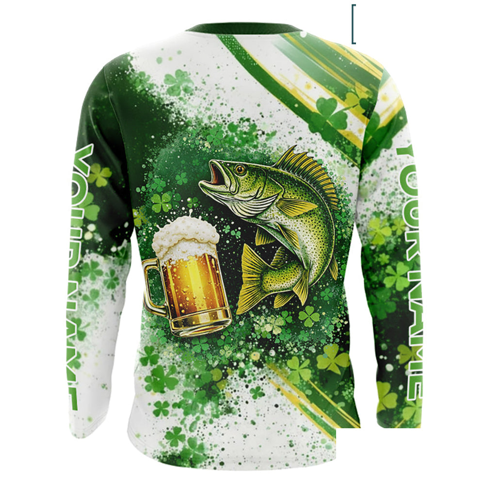 St Patrick Day Walleye Mens Long Sleeve Fishing Shirts UV Protetion, Walleye Fishing Shirts NBT384
