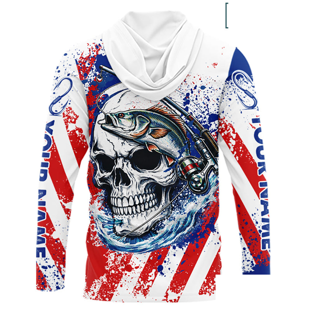 Custom American Flag Fishing Shirts Largemouth Bass Fishing Long Sleeve with Hood, Bass Fishing Shirts For Men NBT385