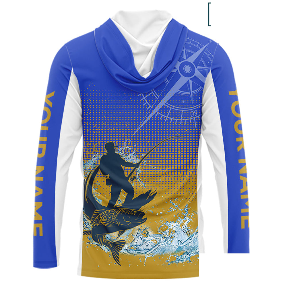 Trout Fishing Shirts Long Sleeve Hooded Fisherman Compass Blue And Yellow, Trout Fly Fishing Jerseys NBT389