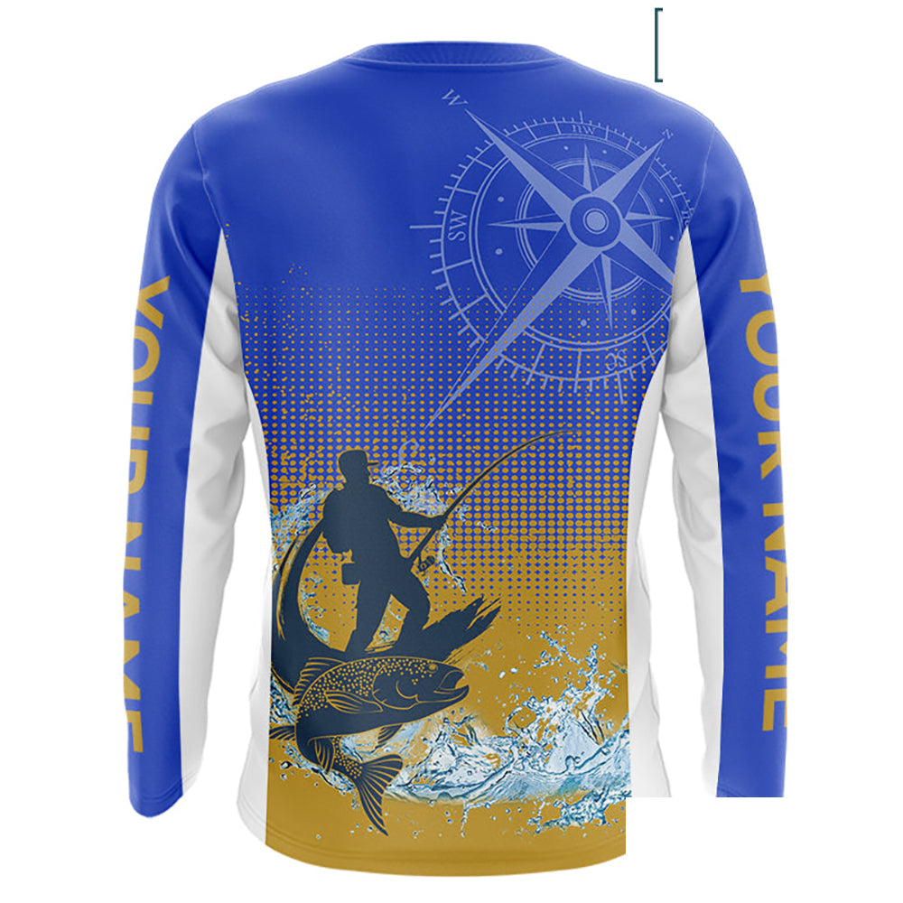 Trout Fishing Shirts Long Sleeve Fisherman Compass Blue And Yellow, Trout Fly Fishing Jerseys NBT389