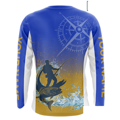 Trout Fishing Shirts Long Sleeve Fisherman Compass Blue And Yellow, Trout Fly Fishing Jerseys NBT389