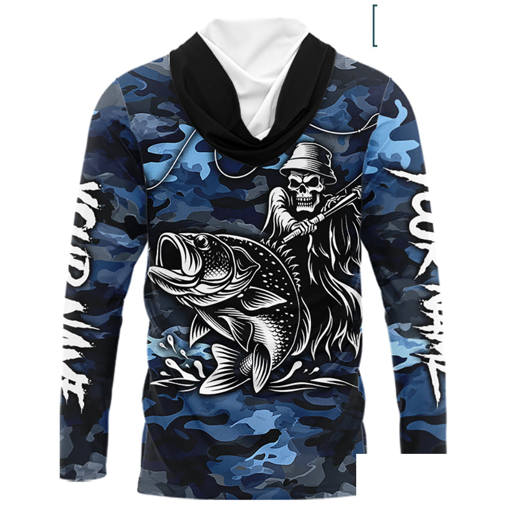 Reaper Fishing Largemouth Bass Long Sleeve Hooded Fishing Shirts Blue Camo, Camo Fishing Shirt NBT391