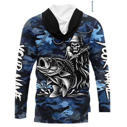 Reaper Fishing Largemouth Bass Long Sleeve Hooded Fishing Shirts Blue Camo, Camo Fishing Shirt NBT391